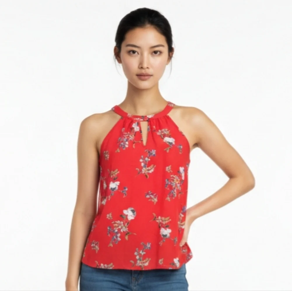 Floral Red Sleeveless Tank Top Blouse XS Petite Business Casual - Picture 2 of 2